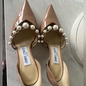 Jimmy Choo Nude Patent Pearl-Strap Pointed Toe Pumps